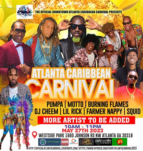 Carnival atl - Westside Park, located at 1660 Johnson Road Northwest Atlanta, GA 30318, United States, will host the Atlanta Caribbean Carnival 2024. For attendees driving to the event, convenient parking options are available nearby. Parking is available at the second entrance of Westside Park, Westside Charter School (2250 Perry Blvd NW), and Boyd ...